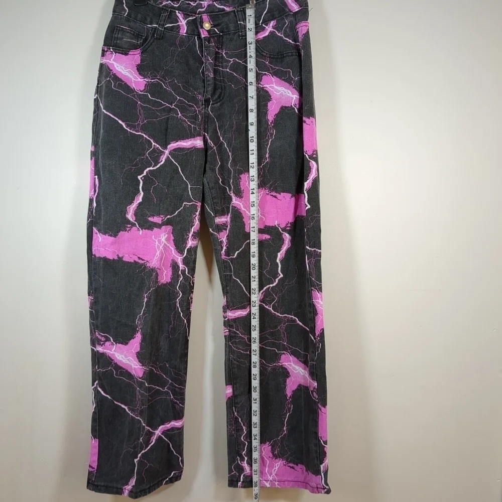 Lighting print women's wide leg black and pink jeans, size L